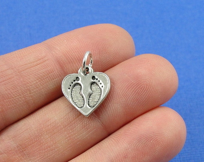 Baby Heart Footprint Charm - Silver Plated Heart Footprint Charm for Necklace or Bracelet