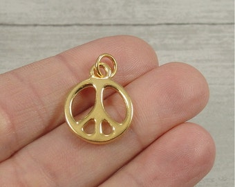 Small Peace Sign Charm, Gold Peace Symbol Charm, Gold Peace Charm, Gold Peace Symbol Jewelry, Peace Symbol Necklace, Hippie Charm Jewelry