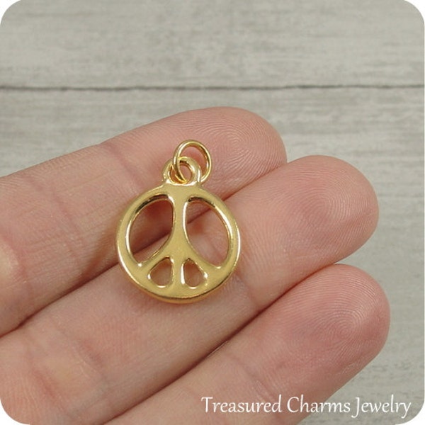 Small Peace Sign Charm, Gold Peace Symbol Charm, Gold Peace Charm, Gold Peace Symbol Jewelry, Peace Symbol Necklace, Hippie Charm Jewelry