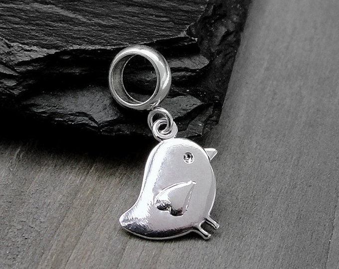 Baby Chick European Charm, Silver Little Chick Dangle Charm, Easter Chick Charm with Bail, Sparrow Charm, Baby Bird Charm, Cute Bird Charm