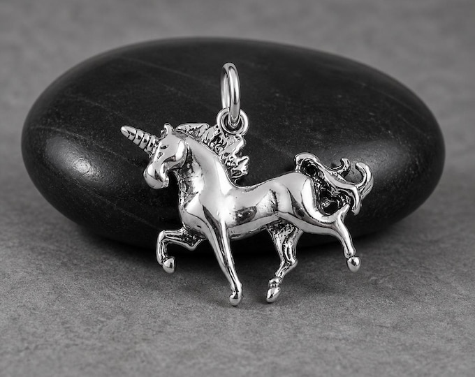 Sterling Silver 3D Unicorn Charm, Flying Horse Pendant, Double Sided Unicorn Charm for Bracelet or Necklace