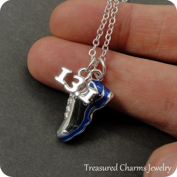 Half Marathon Running Shoe Necklace Silver and Blue 13.1 Half