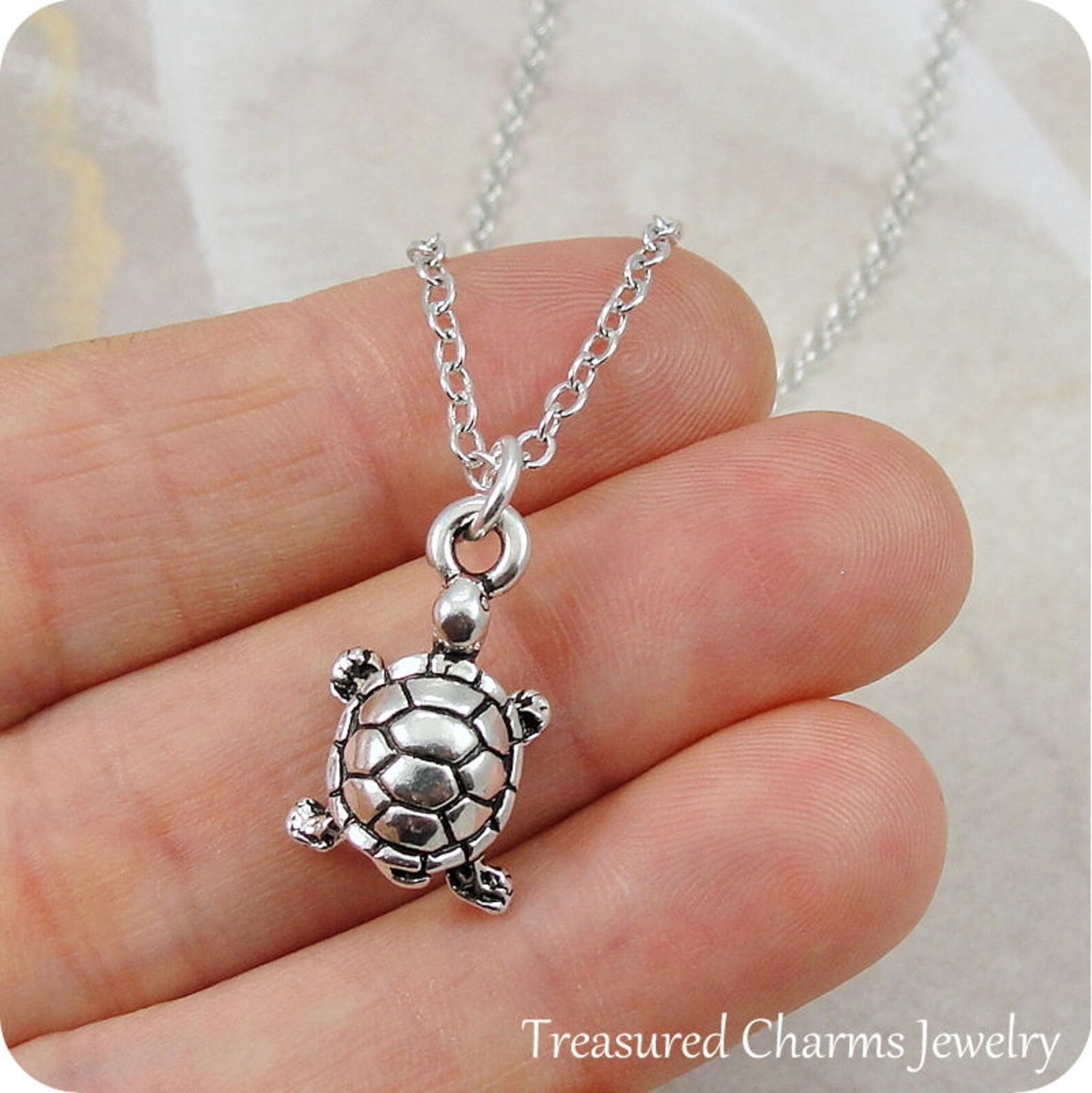 Turtle Necklace Silver Turtle Charm on a Silver Cable Chain Etsy