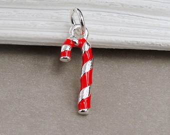 Candy Cane Charm, Christmas Charm, Red and Silver Candy Cane Charm for Necklace or Bracelet, Striped Candy Cane Charm, 3D Candy Cane Charm