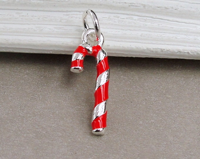 Candy Cane Charm, Christmas Charm, Red and Silver Candy Cane Charm for Necklace or Bracelet, Striped Candy Cane Charm, 3D Candy Cane Charm