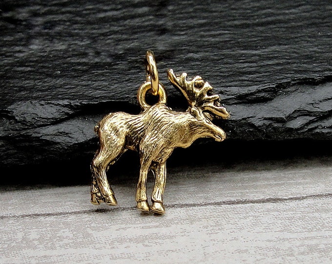 Gold Moose Charm, Elk Moose Charm for Necklace or Bracelet, Gold Moose Jewelry, Moose Pendant, Canadian Moose, Alaskan Moose, Moose Gift