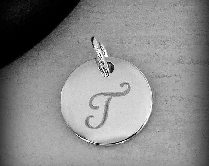 Stainless Steel Letter T Charm, Silver Engraved Letter T Round Disc Initial Charm, Cursive T Charm, Engraved Alphabet Script Font Pendant