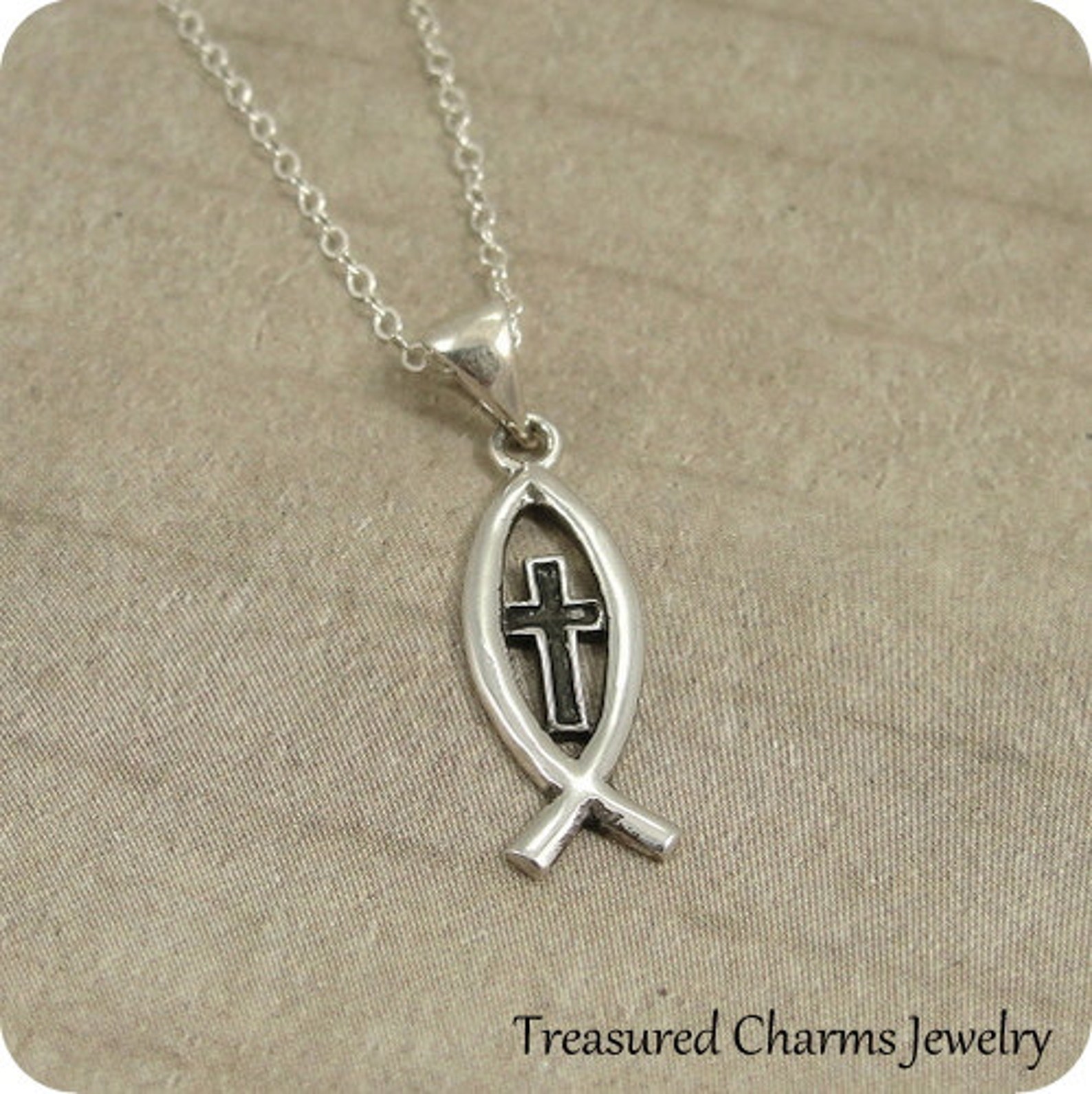 Christian Fish Necklace Sterling Silver Fish Cross Symbol Etsy