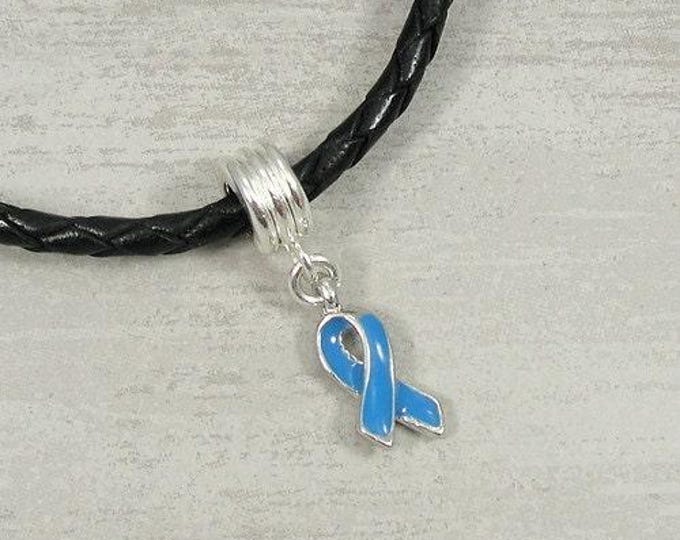 CLOSEOUT - Blue Awareness Ribbon Dangle Charm - Silver and Blue Awareness Charm - Blue Awareness Ribbon Large Hole Bead