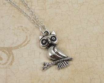 Owl on Branch Necklace, Silver Owl Charm on a Silver Cable Chain
