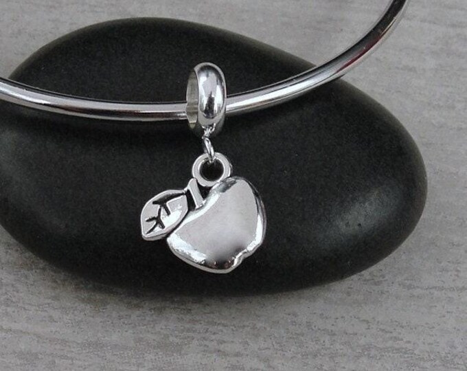 Apple European Charm, Silver Apple Dangle Charm, Apple Charm with Bail, Teacher Dangle Charm, Gift for Teacher, Apple Large Hole Bead