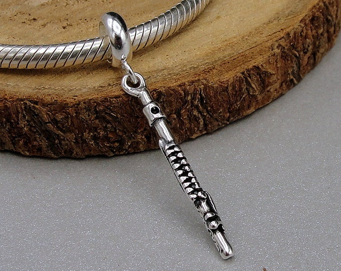 Flute European Charm, Sterling Silver Flute Dangle Charm, Flute Charm with Bail, Piccolo Charm, Snake Bracelet Charm, Large Hole Bead