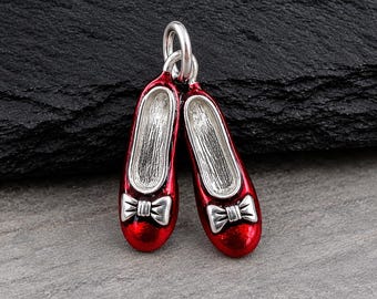 Ruby Slippers Charm, Silver and Red Ruby Slippers Necklace, Red Shoes Charm, Ruby Slippers Necklace, 3D Red Ballerina Slippers Charm