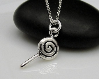 Lollipop Necklace, Sterling Silver Lollipop Charm Necklace, Candy Necklace, Candy Charm, Swirl Pop Charm Necklace, Sweet Treat Jewelry