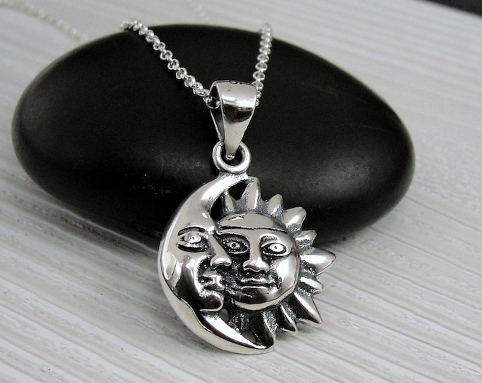 925 Sterling Silver Sun and Moon Necklace, Crescent Moon Charm Necklace, Sun Face Necklace, Celestial Moon Necklace, Celestial Sun Necklace