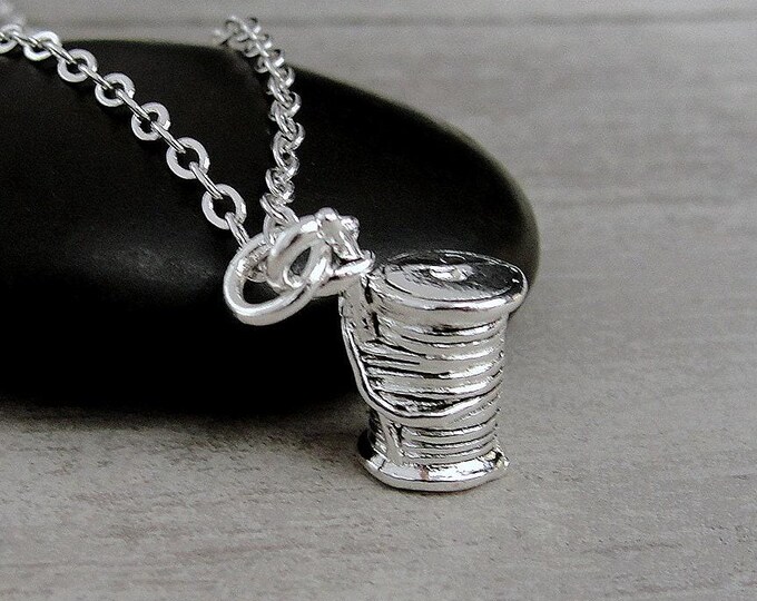 Sewing Necklace, Silver Plated Spool of Thread Charm Necklace, Spool of Thread Charm, Sewing Charm, Sewing Gift, Sewing Jewelry
