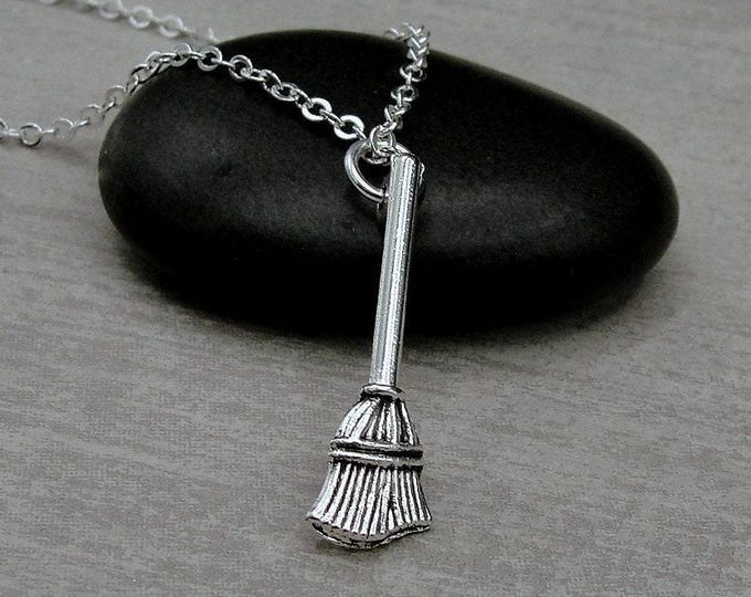 Witch's Broom Necklace, Silver Plated Witch Broom Charm Necklace, Halloween Necklace, Halloween Charm, Witch Charm, Witch Gift Jewelry
