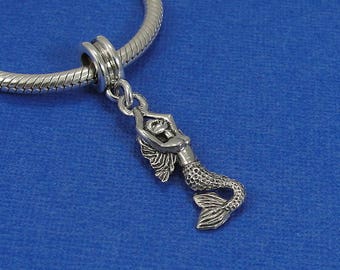 Mermaid European Dangle Bead Charm - Silver Ocean Mermaid Charm for European Bracelet