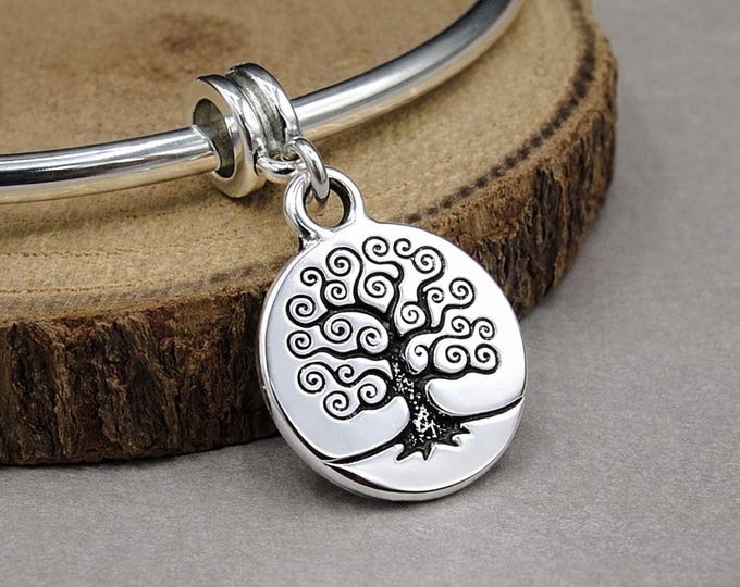 Silver Tree of Life European Bracelet Charm, Double-sided Family Tree Pendant with Bail, Nature Jewelry, Fits Snake Chain Bracelets