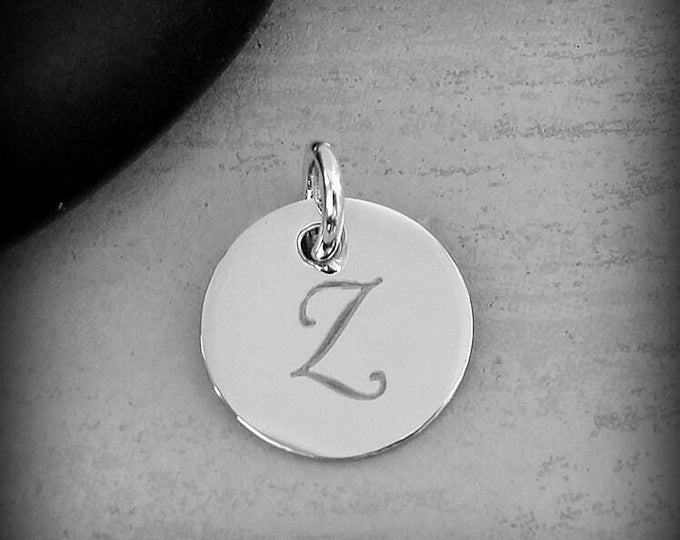 Stainless Steel Letter Z Charm, Silver Engraved Letter Z Round Disc Initial Charm, Cursive Z Charm, Engraved Alphabet Script Font Pendant