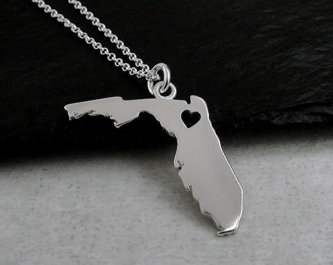 925 Sterling Silver Florida Heart Necklace, Florida State Charm, Florida Heart Cutout Necklace, Florida State Necklace, Florida Gift