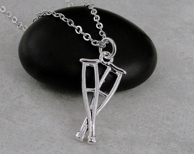 Crutches Necklace, Silver Plated Crutch Charm Necklace, Pair of Crutches Necklace, Break a Leg Charm, Good Luck Gift, Medical Charm Jewelry