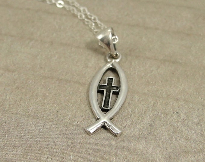 Christian Fish Necklace, Sterling Silver Fish Cross Symbol Charm on a Silver Cable Chain