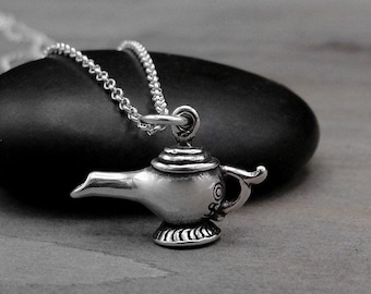 925 Sterling Silver 3D Genie Lamp Necklace, 3D Magical Lamp Charm Necklace, 3D Wish Lamp Charm Necklace, Fairytale Charm Necklace