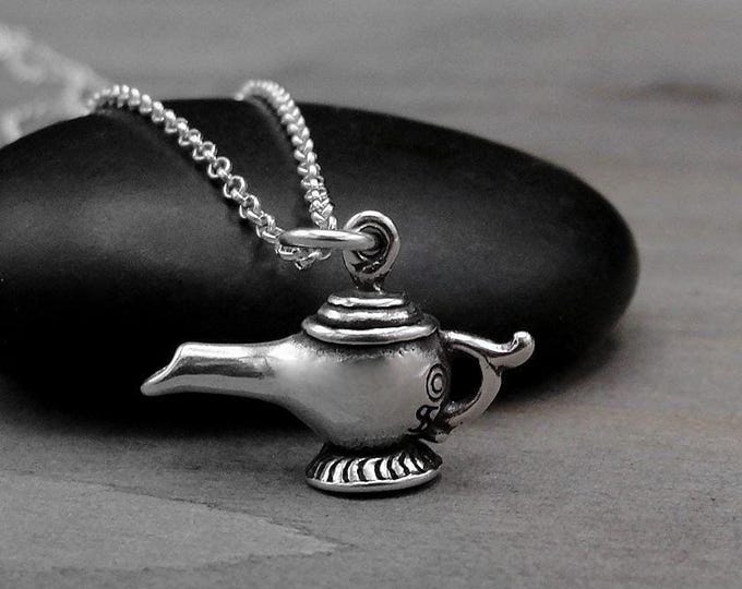 925 Sterling Silver 3D Genie Lamp Necklace, 3D Magical Lamp Charm Necklace, 3D Wish Lamp Charm Necklace, Fairytale Charm Necklace