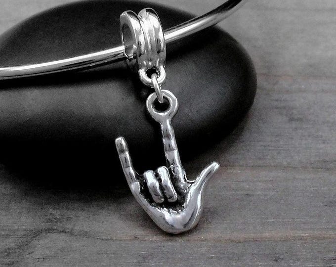 Sign Language European Charm, Silver 'I Love You' Sign Language Dangle Charm, Sign Language Charm with Bail, Sign Language Gift