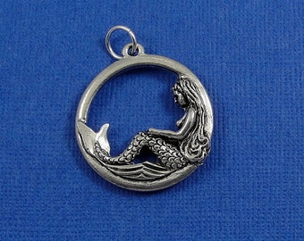 Mermaid Disc Charm - Silver Mermaid Charm for Necklace or Bracelet
