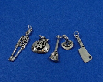 Halloween Charms Assorted Lot, Silver Skeleton, Jack O Lantern, Witch's Hat, Witch's Broom, Meat Cleaver Charm Assortment