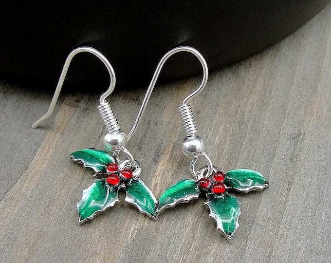 Holly Berry Earrings, Silver Plated Holly Berries Dangle Drop Earrings on French Earwires, Mistletoe Earrings, Christmas Earrings