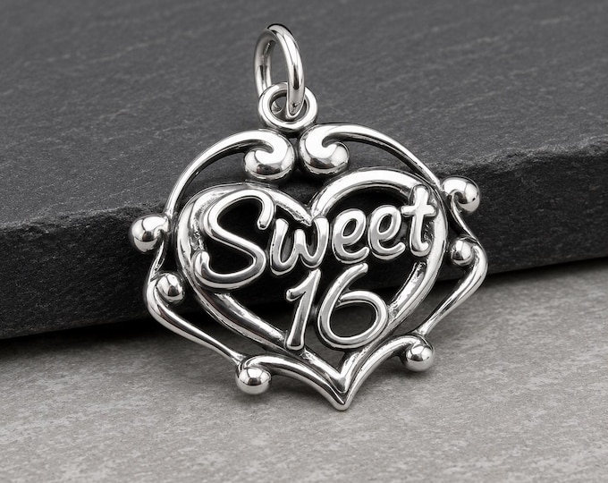 Sweet 16 Charm, 925 Sterling Silver 16th Birthday Charm, Sweet Sixteen Pendant, Girl 16th Birthday Gift