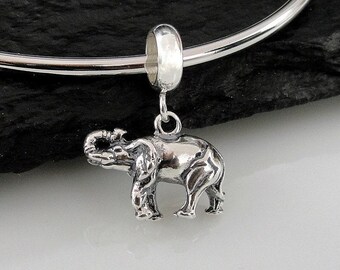 Dije de elefante europeo de plata de ley, colgante de elefante 3D, dije de pulsera, cuenta con agujero grande, cuenta con agujero grande