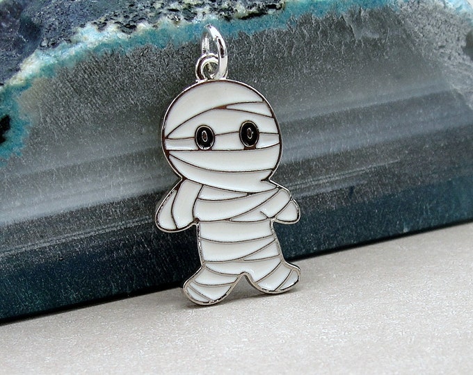 Mummy Charm, Silver and White Enamel Mummy Charm, Halloween Charm, Halloween Jewelry, Necklace Charm, Bracelet Charm, Halloween Themed Charm