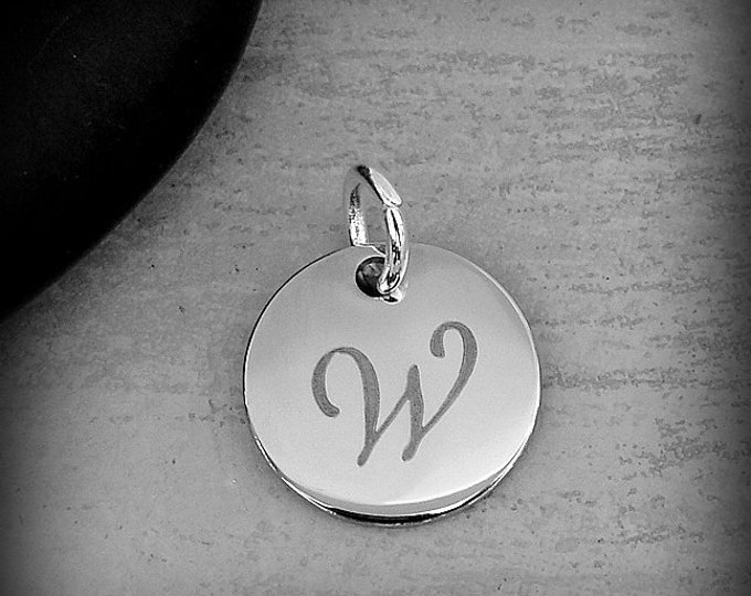 Stainless Steel Letter W Charm, Silver Engraved Letter W Round Disc Initial Charm, Cursive W Charm, Engraved Alphabet Script Font Pendant