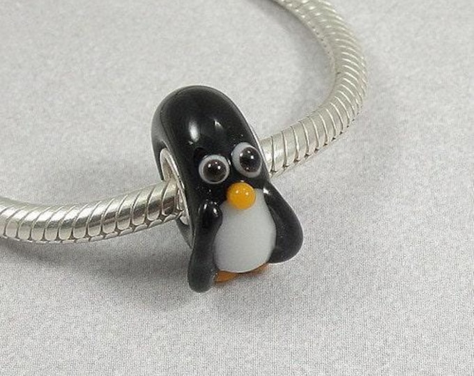 Penguin Large Hole Lampwork Glass Bead - 925 Sterling Silver European Bead Charm