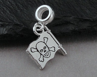 Jolly Roger European Charm, Silver Pirate Flag Dangle Charm, Pirate Charm with Bail, Skull and Bones Charm, Jolly Roger Large Hole Bead