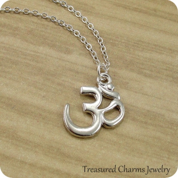 Aum Om Symbol Necklace, Silver Aum Ohm Charm on a Silver Cable Chain