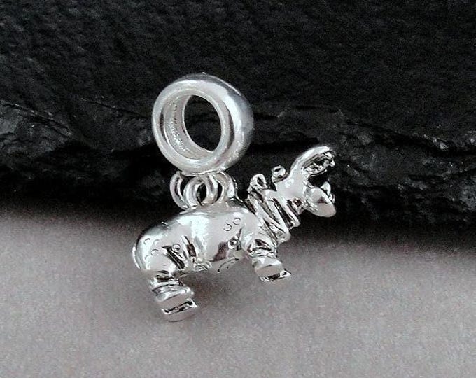 Hippopotamus European Charm, Silver 3D Hippopotamus Dangle Charm, 3D Hippo Charm with Bail, Hippo Large Hole Bead, African Hippo Jewelry