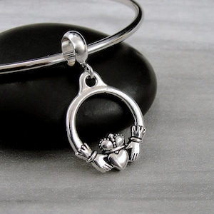 Claddagh European Charm, Silver Claddagh Dangle Charm, Celtic Charm with Bail, Irish Celtic Charm, Snake Bracelet Charm, Large Hole Bead