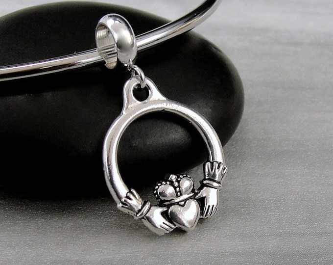 Claddagh European Charm, Silver Claddagh Dangle Charm, Celtic Charm with Bail, Irish Celtic Charm, Snake Bracelet Charm, Large Hole Bead