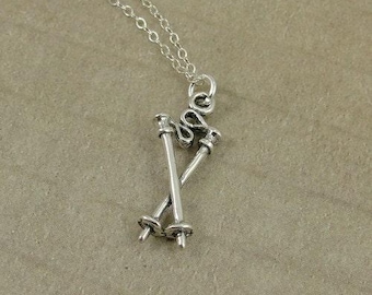 Ski Poles Necklace, Sterling Silver Ski Poles Charm on a Silver Cable Chain