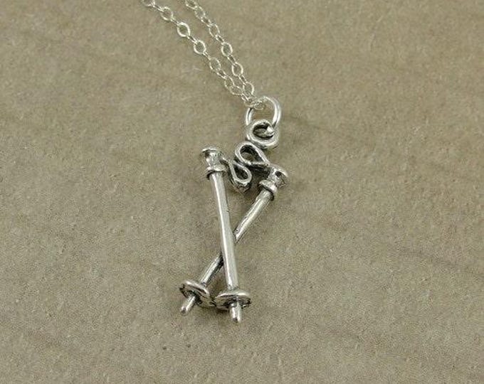 Ski Poles Necklace, Sterling Silver Ski Poles Charm on a Silver Cable Chain