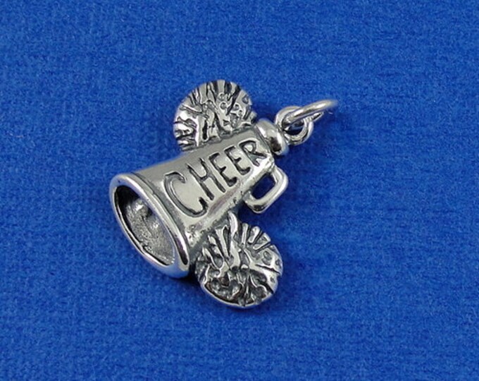 Cheerleader Megaphone and Pom Poms Charm Sterling Silver Cheerleader Megaphone Charm for