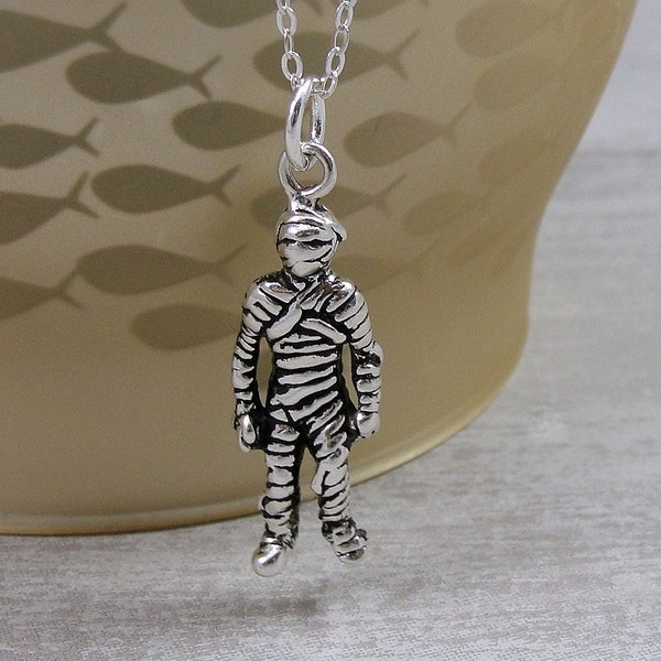 Sterling Silver Mummy Necklace, Halloween Necklace, Egyptian Mummy Charm, 3D Mummy Pendant Necklace