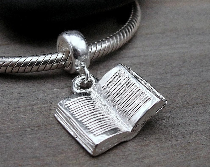 Open Book European Charm, Silver 3D Book Charm, Book Charm with Bail, Author Charm, Writer Charm, School Charm, Book Lover Gift