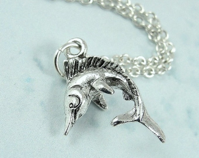 Blue Marlin Necklace, Silver Plated Blue Marlin Charm on a Silver Cable Chain