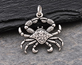 Silver Crab Charm, Crab Pendant for Necklace or Bracelet, Ocean Sea Life Charm, Cancer Zodiac Jewelry, Beach Charm